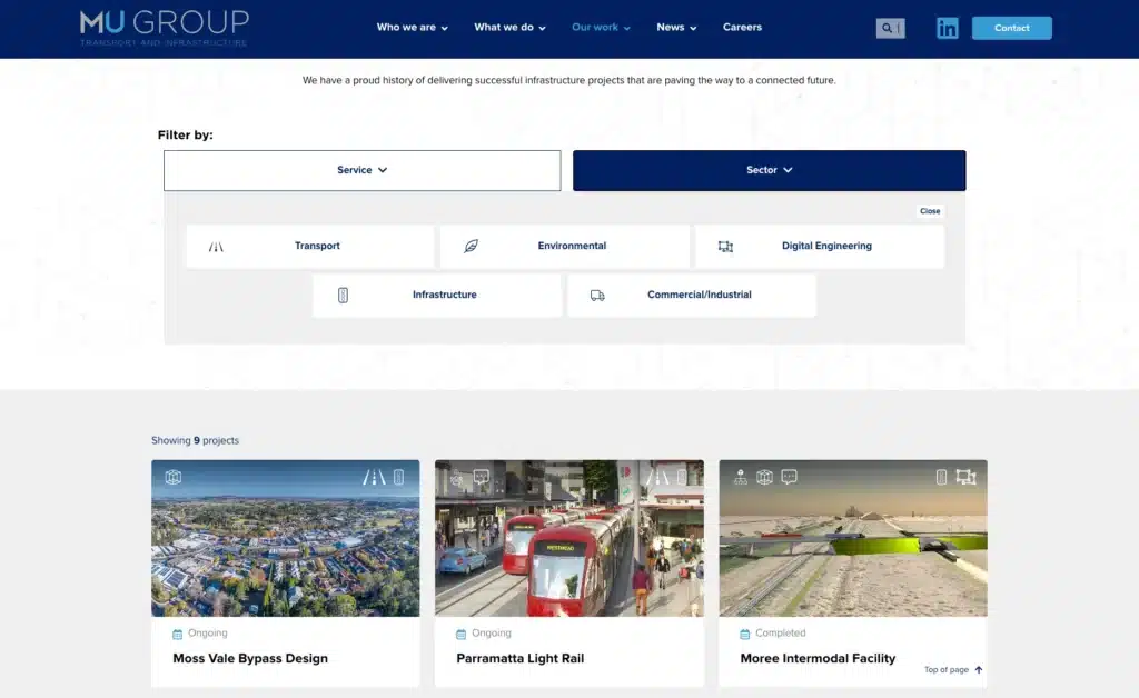 A case study website page displays infrastructure project showcases with filters for service and sector. Three project cards are shown: Moss Vale Bypass Design, Parramatta Light Rail, and Moore Intermodal Facility, all featuring impactful design.